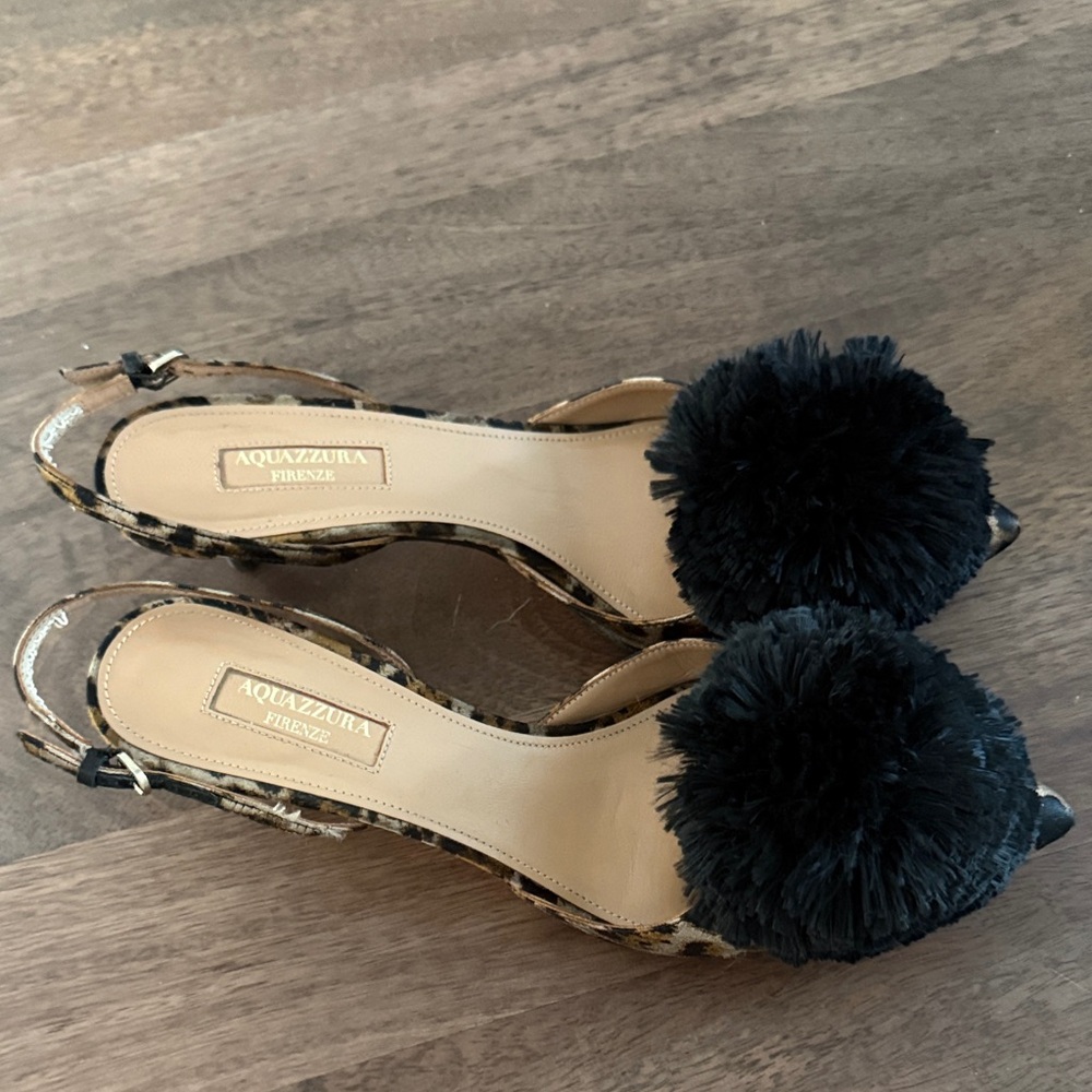 Aquazzura Leopard Print Heels with Black Pom Pom, size US8 EUR38, good condition
